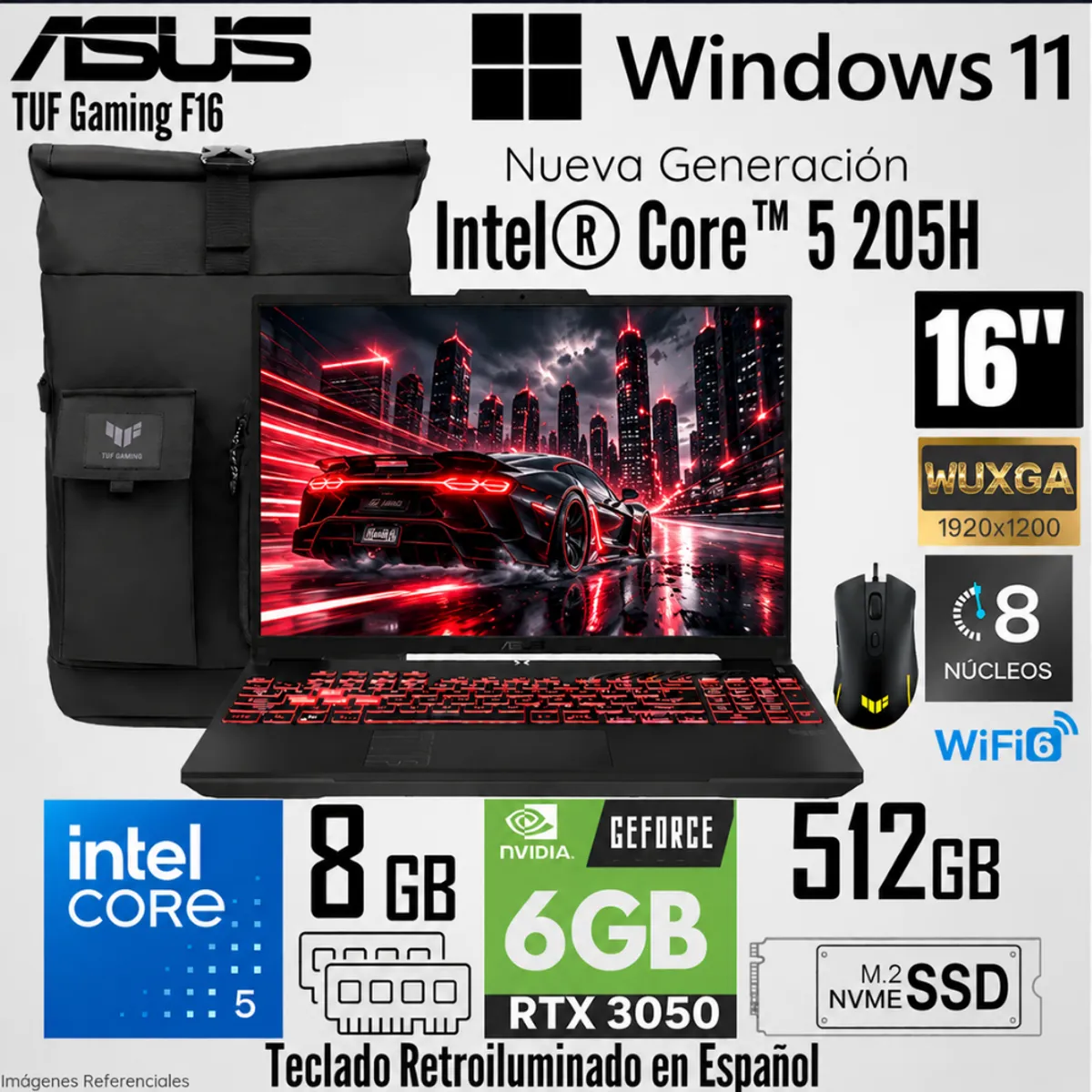 ASUS - Laptop Asus TUF Gaming FX607VJR Intel Core 5 205H 8GB RAM 512GB SSD RTX 3050-6GB 16"  WUXGA 144Hz