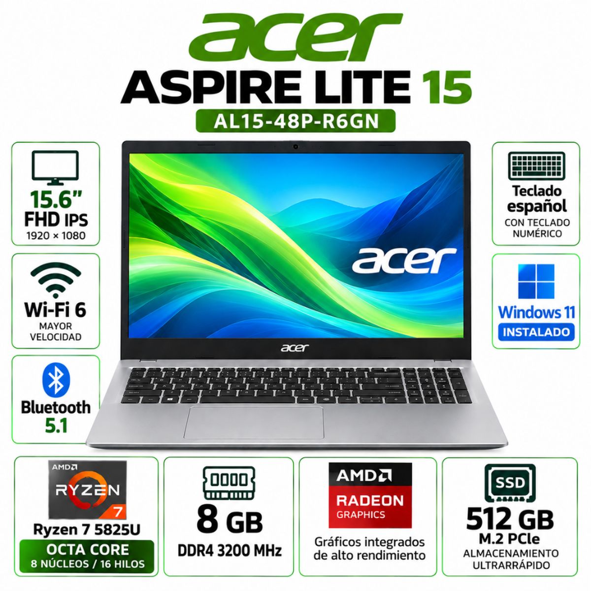 ACER - Laptop Acer Aspire Lite 15 AL15-48P-R6GN Ryzen 7 5825U 8GB 512GB SSD 15.6" FHD