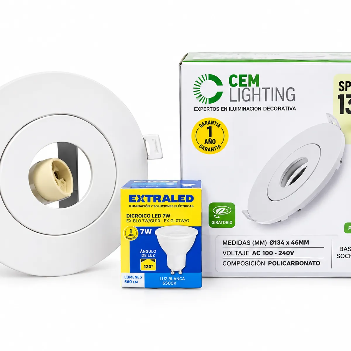CEMLIGHTING - Spot Plano 134 mm con Dicroico LED 7W Luz Cálida