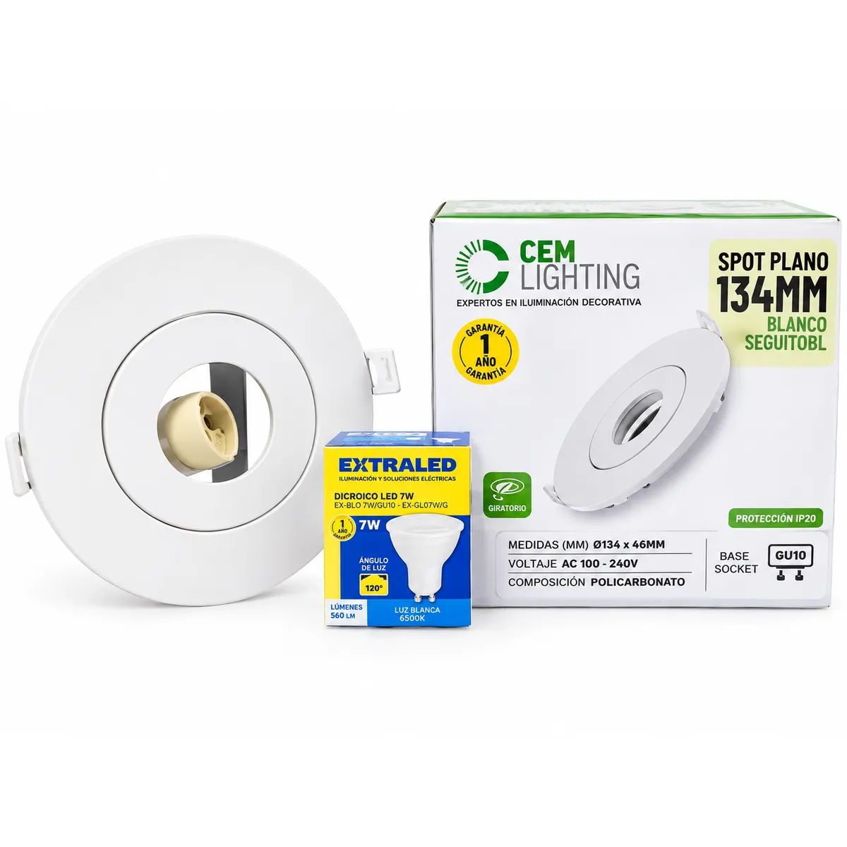 CEMLIGHTING - Spot Plano 134 mm con Dicroico LED 7W Luz Cálida