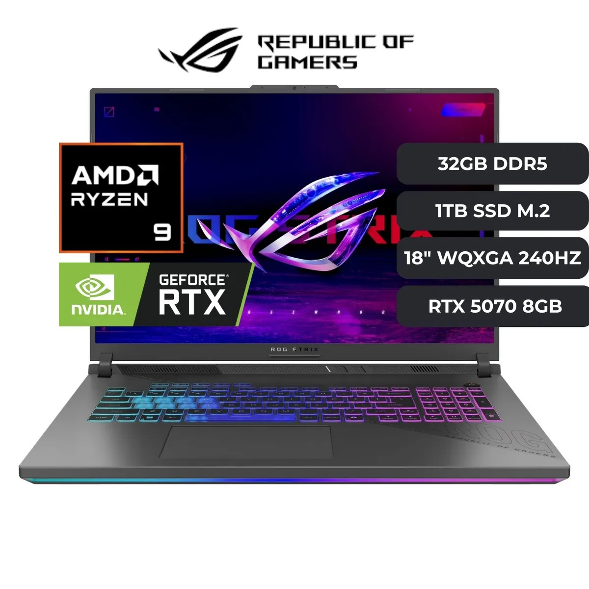 ASUS - Laptop ASUS ROG STRIX G18 Ryzen 9 9955HX, RTX 5070 8GB, 32GB RAM, 1TB SSD, 18" WQXGA 240HZ, Win11