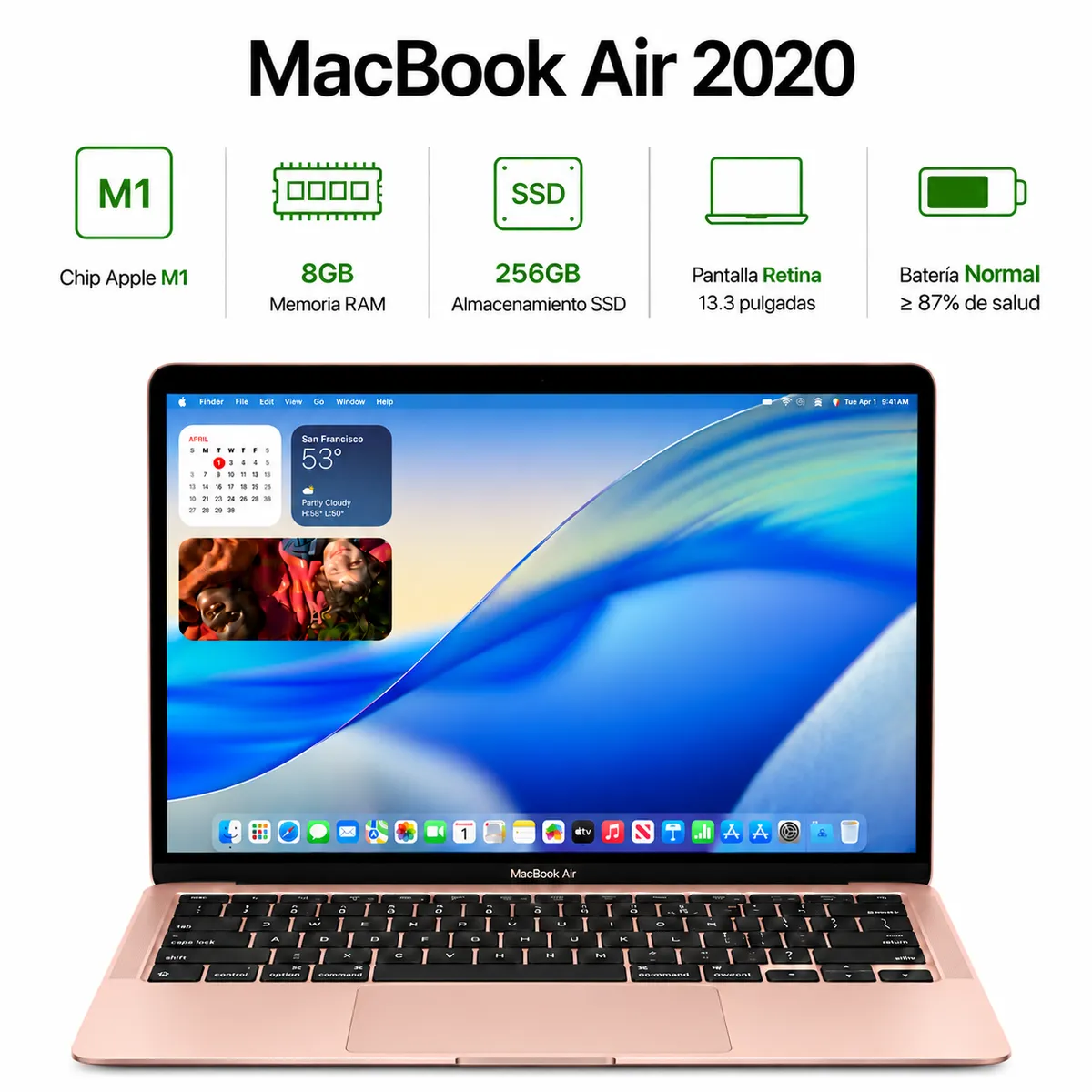 APPLE - MacBook Air 13.3” 2020 A2337 Apple M1 8GB RAM 256 GB SSD Oro Rosa Reacondicionada Grado A