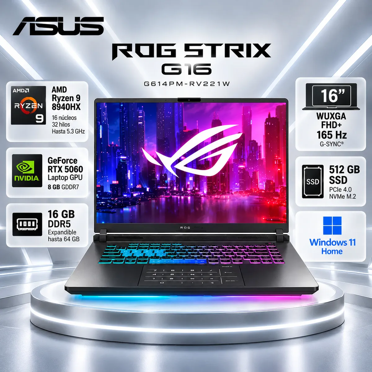 ASUS - Laptop ASUS ROG Strix G16 G614PM Ryzen 9 8940HX 16GB 512GB SSD RTX 5060 8GB 16" 165Hz