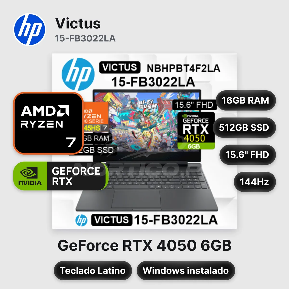 HP - Laptop HP Victus 15-FB3022LA Ryzen 7-7445HS 16GB 512GB SSD RTX 4050 15.6" (BT4F2LA#ABM)