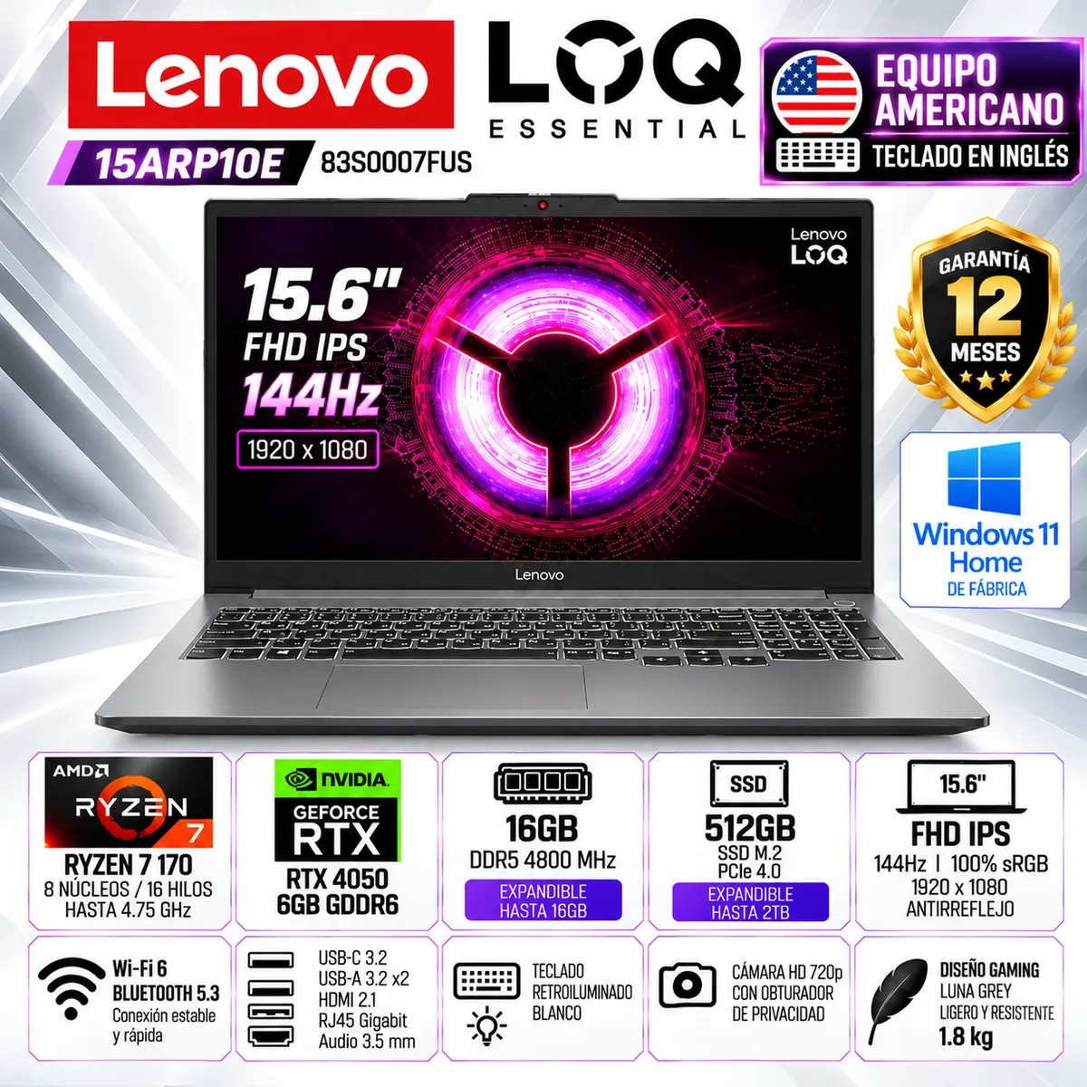 LENOVO - Laptop Lenovo LOQ Essential 15ARP10E Ryzen 7 170 16GB DDR5 512GB SSD RTX 4050 6GB 15.6" FHD 144Hz