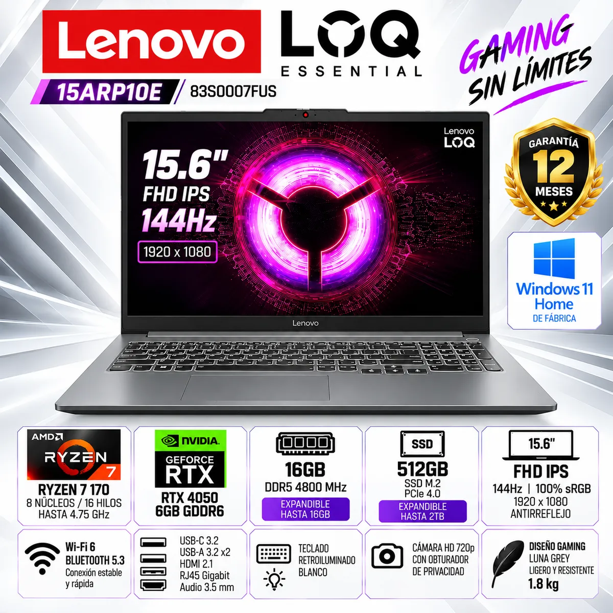 LENOVO - Laptop Lenovo LOQ Essential 15ARP10E Ryzen 7 170 16GB DDR5 512GB SSD RTX 4050 6GB 15.6" FHD 144Hz