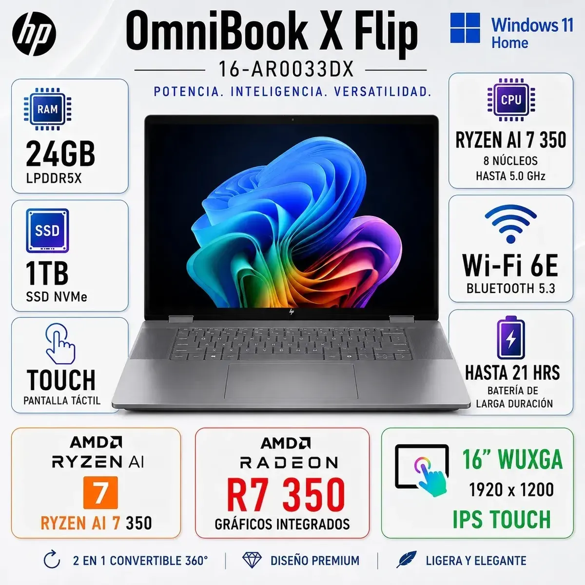 HP - Laptop HP OmniBook X Flip Ryzen AI 7 350 24GB 1TB  16" WUXGA Touch Windows 11 16-AR0033DX     REFUSB