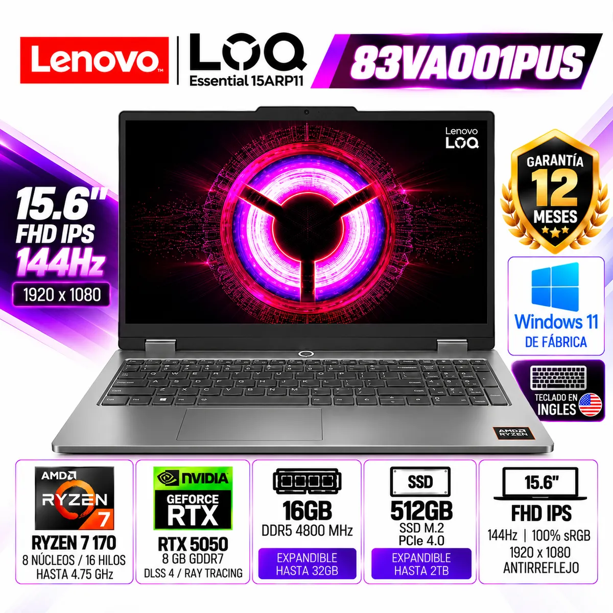 LENOVO - Laptop Gamer Lenovo LOQ Essential 15ARP11 Ryzen 7 170 16GB RAM 512GB SSD RTX 5050 8GB 144Hz