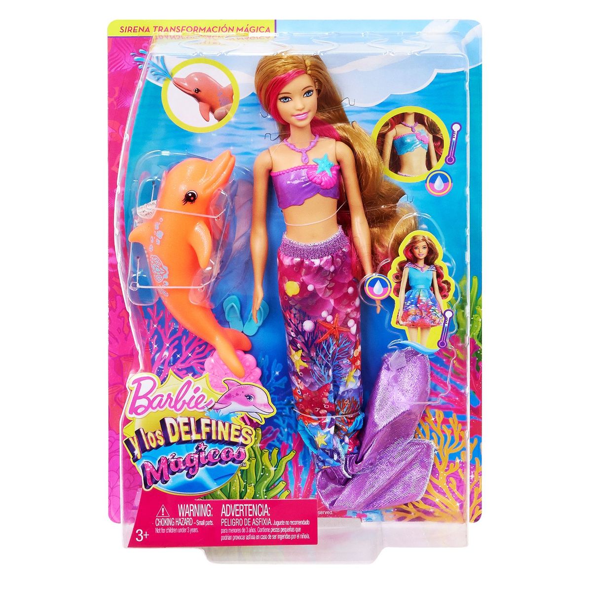 BARBIE - Muñeca Delfines Mágicos Sirena Transformación Mágica