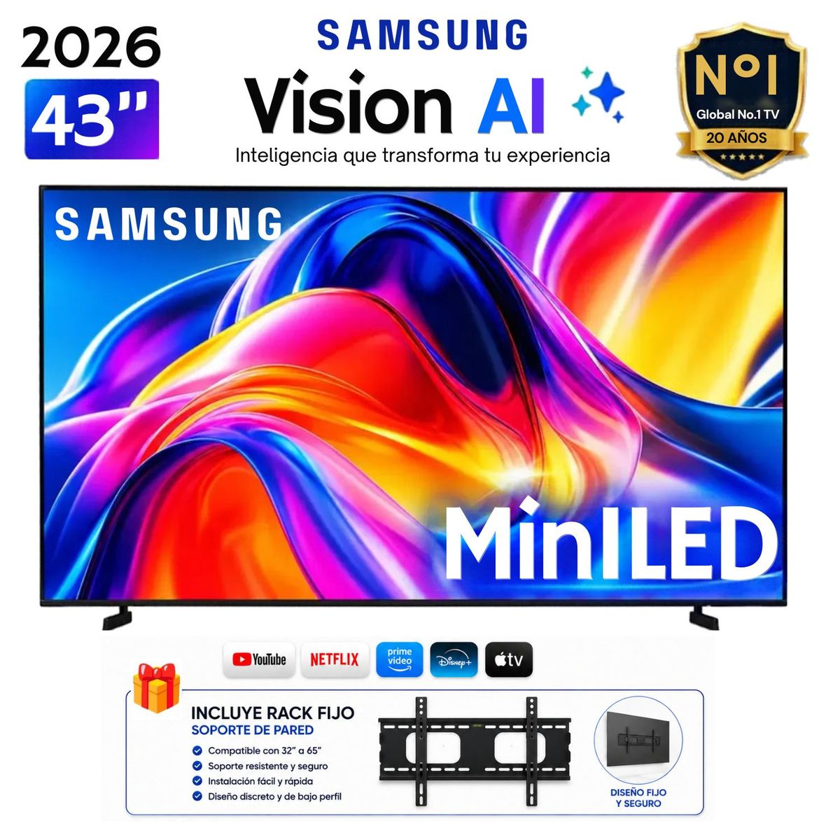 SAMSUNG - TELEVISOR SAMSUNG 43" MINI LED 43M70H VISION AI SMART TV - 2026 + Rack Fijo