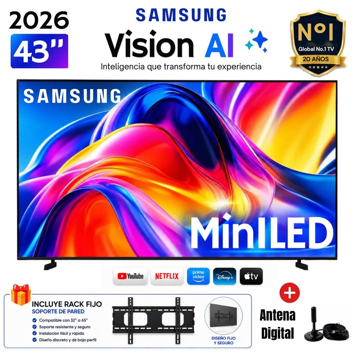 SAMSUNG - TELEVISOR SAMSUNG 43" MINI LED 43M70H VISION AI SMART TV - 2026 + Rack Fijo + Antena