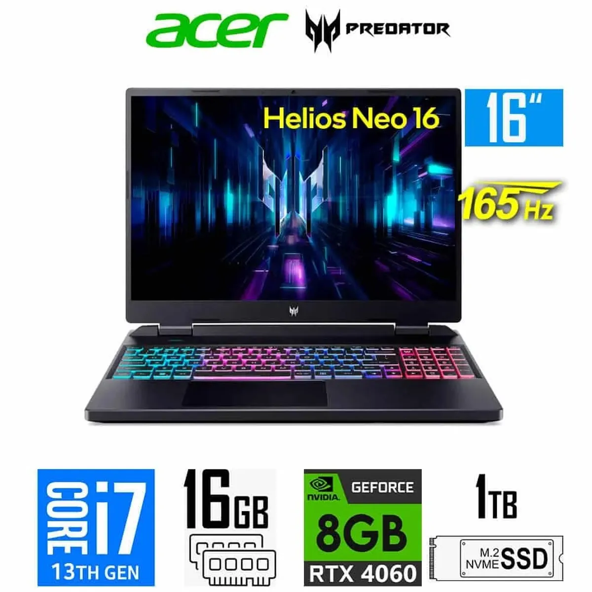 ACER - ACER PREDATOR HELIOS NEO 16 PHN16-71-74FT INTEL CORE I7-13650HX 16GB 1TB SSD 16"" WUXGA 8GB RTX4060