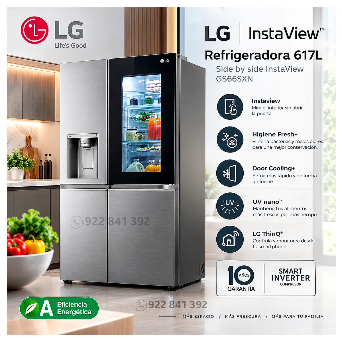LG - Refrigeradora LG 617L InstaView Side by Side GS66SXN Plateada  Modelo Nuevo