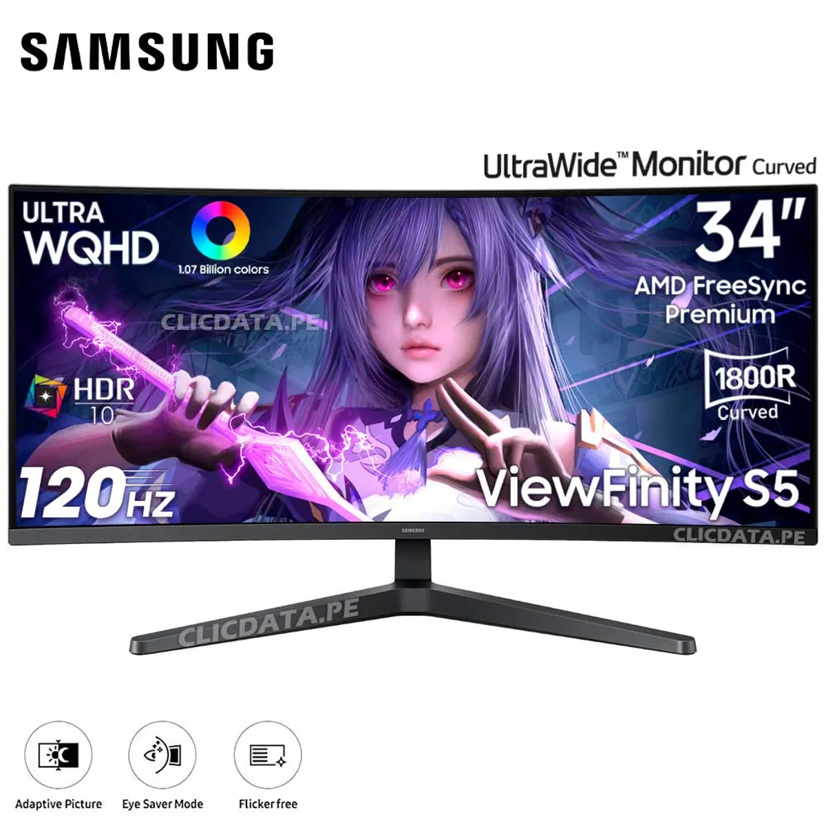 SAMSUNG - Monitor Curvo Samsung LS34H550GANXZA ViewFinity S5 Ultrawide de 34 UWQHD 120Hz HDR