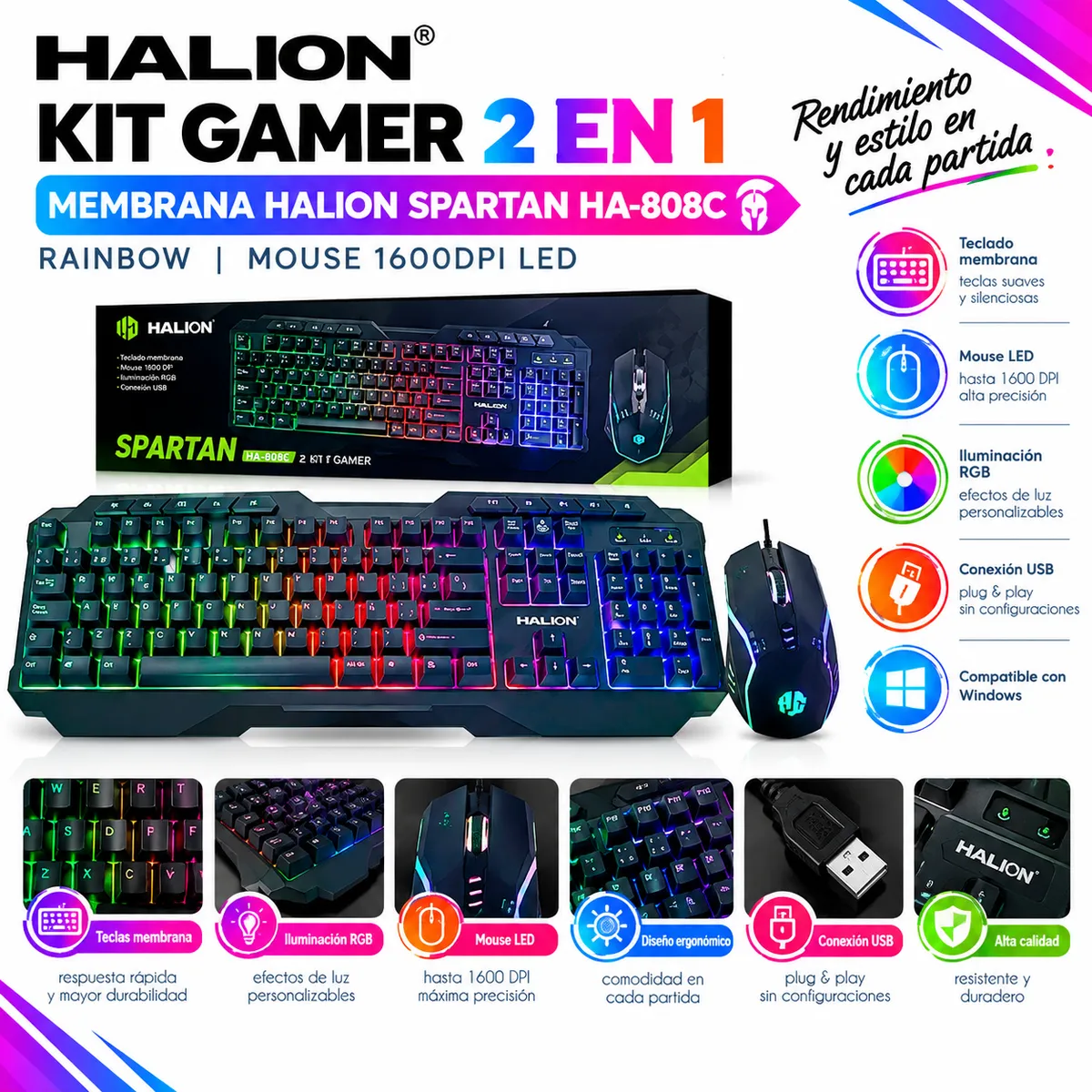 KIT GAMER TECLADO DE MEMBRANA RAINBOW Y MOUSE LED 1600 DPI HALION ...