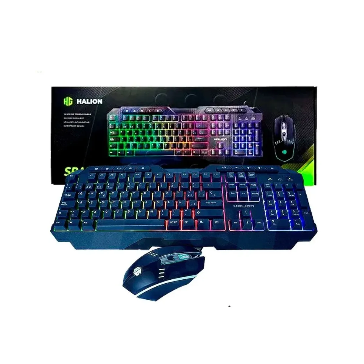 KIT GAMER TECLADO DE MEMBRANA RAINBOW Y MOUSE LED 1600 DPI HALION ...