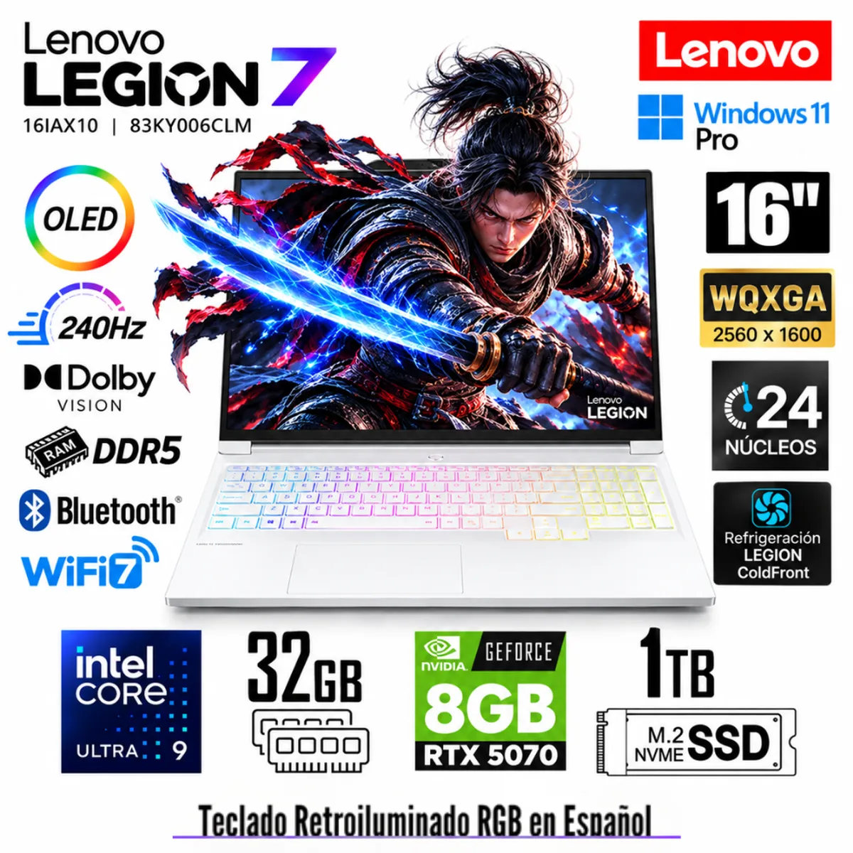 LENOVO - Laptop Gamer Lenovo Legion 7 16IAX10  Ultra 9 275HX  32GB RAM 1TB SSD RTX 5070 8GB 16" OLED 83KY006CLM
