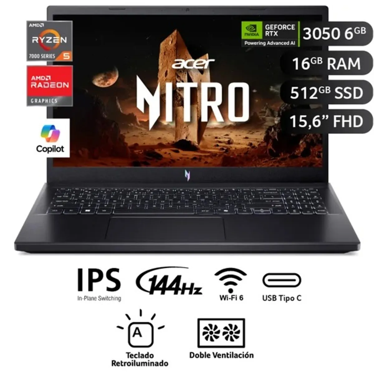 ACER - ACER NITRO V15 ANV15-41R3RH  AMD RYZEN 5 7535HS 16GB 512GB SSD 15.6 FHD 6GB RTX3050 WIN 11