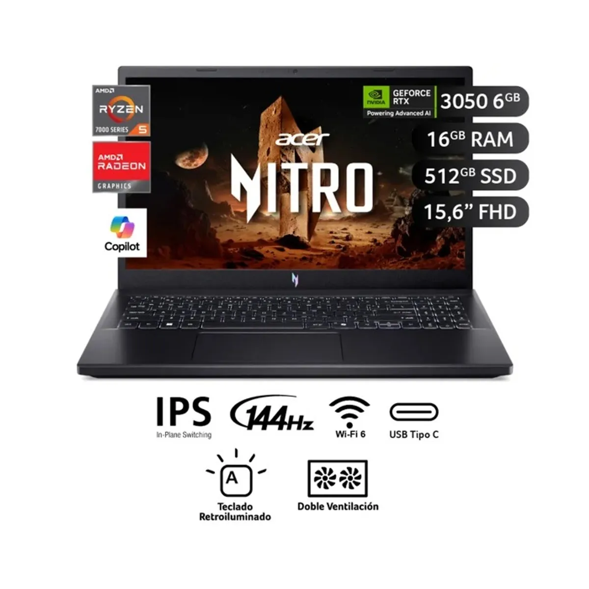 ACER - ACER NITRO V15 ANV15-41R3RH  AMD RYZEN 5 7535HS 16GB 512GB SSD 15.6 FHD 6GB RTX3050 WIN 11