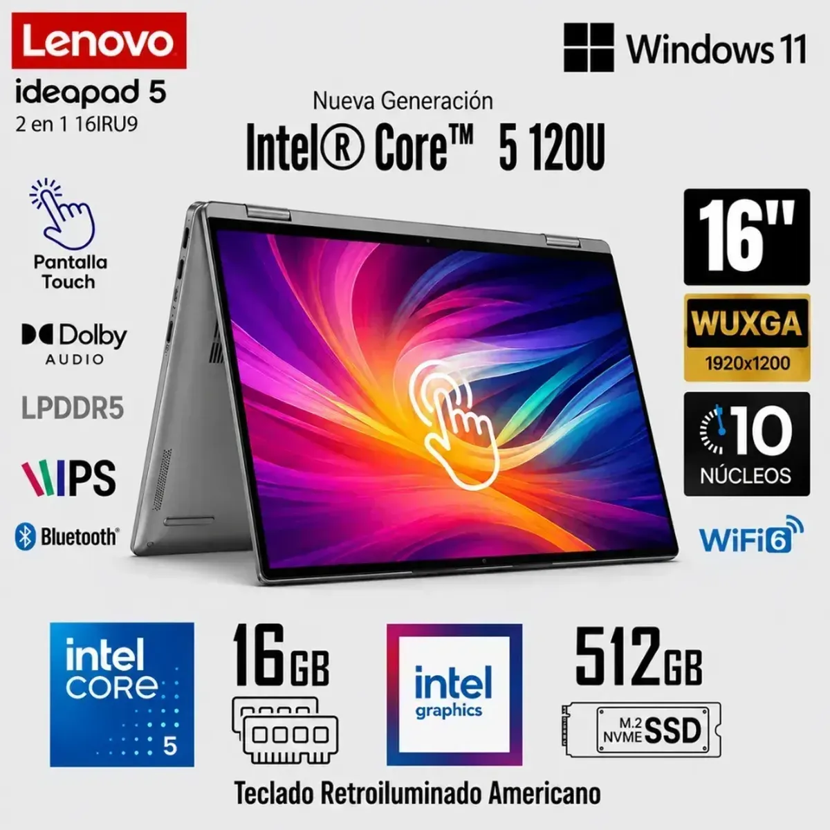 LENOVO - Laptop Lenovo IdeaPad 5 2en1 16IRU9 Intel Core 5 120U 16GB RAM 512GB SSD 16" WUXGA Táctil 83DU004VUS