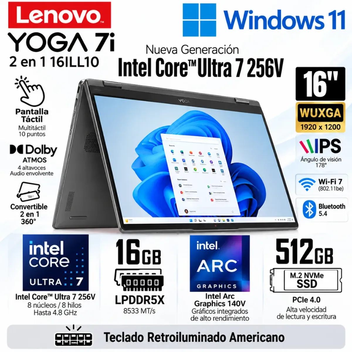 LENOVO - Laptop Lenovo Yoga 7 2 en 1 16ILL10 Intel Core Ultra 7 256V 16GB RAM 512GB SSD 16" Táctil 83JT0047US