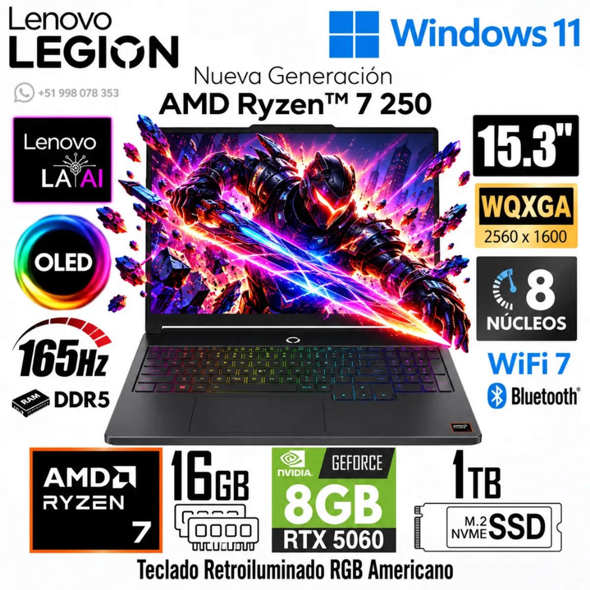 LENOVO - Laptop Lenovo LEGION 5 15AHP11 AMD Ryzen 7 250 16GB RAM 1TB SSD RTX 5060-8GB 15.3" OLED 83Q70003US