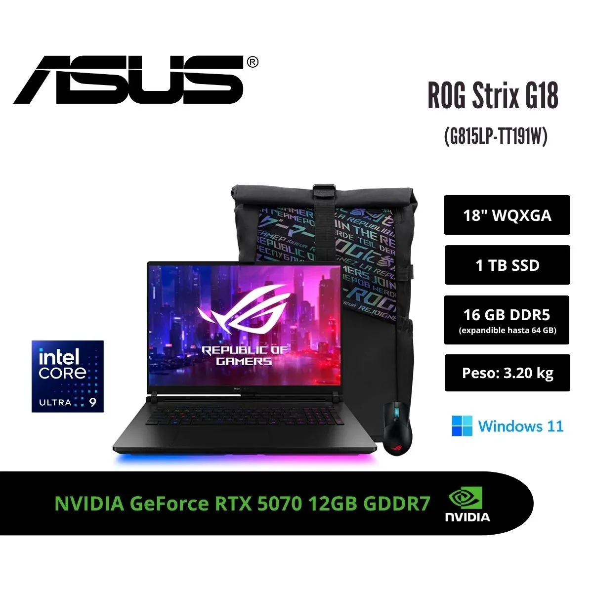 ASUS - LAPTOP GAMER ASUS ROG STRIX G18 18 2.5K 240HZ INTEL CORE ULTRA 9 290HX 16GB RTX 5070 1TB W11