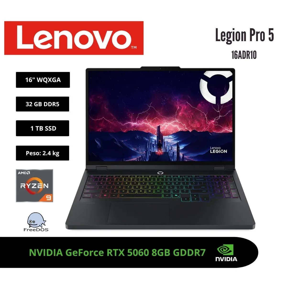 LENOVO - LAPTOP GAMER LENOVO LEGION PRO 5 16 WQXGA 240HZ AMD RYZEN 9 8945HX 32GB RTX 5060 1TB 83LT002MLM