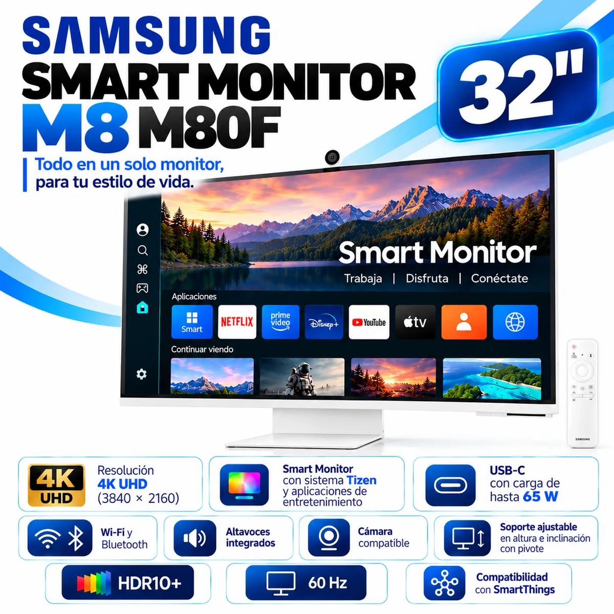 SAMSUNG - MONITOR SMART SAMSUNG M8 M80F 32" 4K  - PARLANTES Y WEBCAM