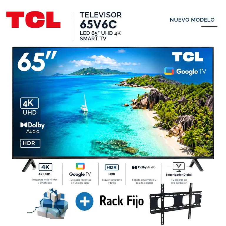 Televisor TCL 65 LED 4K 65V6C Google TV 2025 + Rack Fijo TCL ...