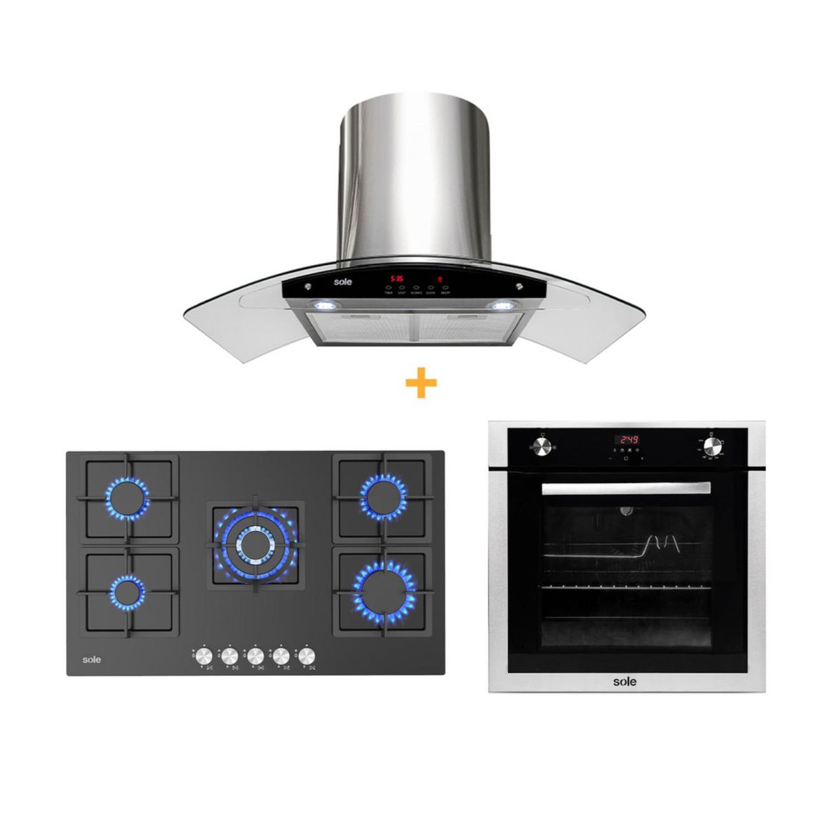 SOLE - Combo Sole: Cocina Sole Empotrable SOLCO041 76 cm 5 Hornillas + Campana con Filtro TURE63CO 3 Velocidades + Horno Empotrable a Gas SOLHO007 Grill y Rosticero