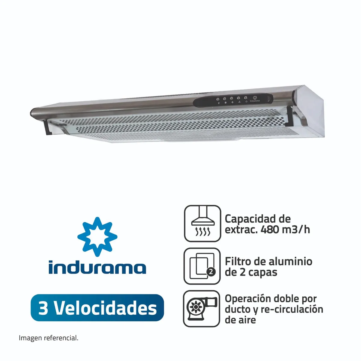 INDURAMA - Campana Extractora 3 Velocidades CEI902CRP Silver Indurama