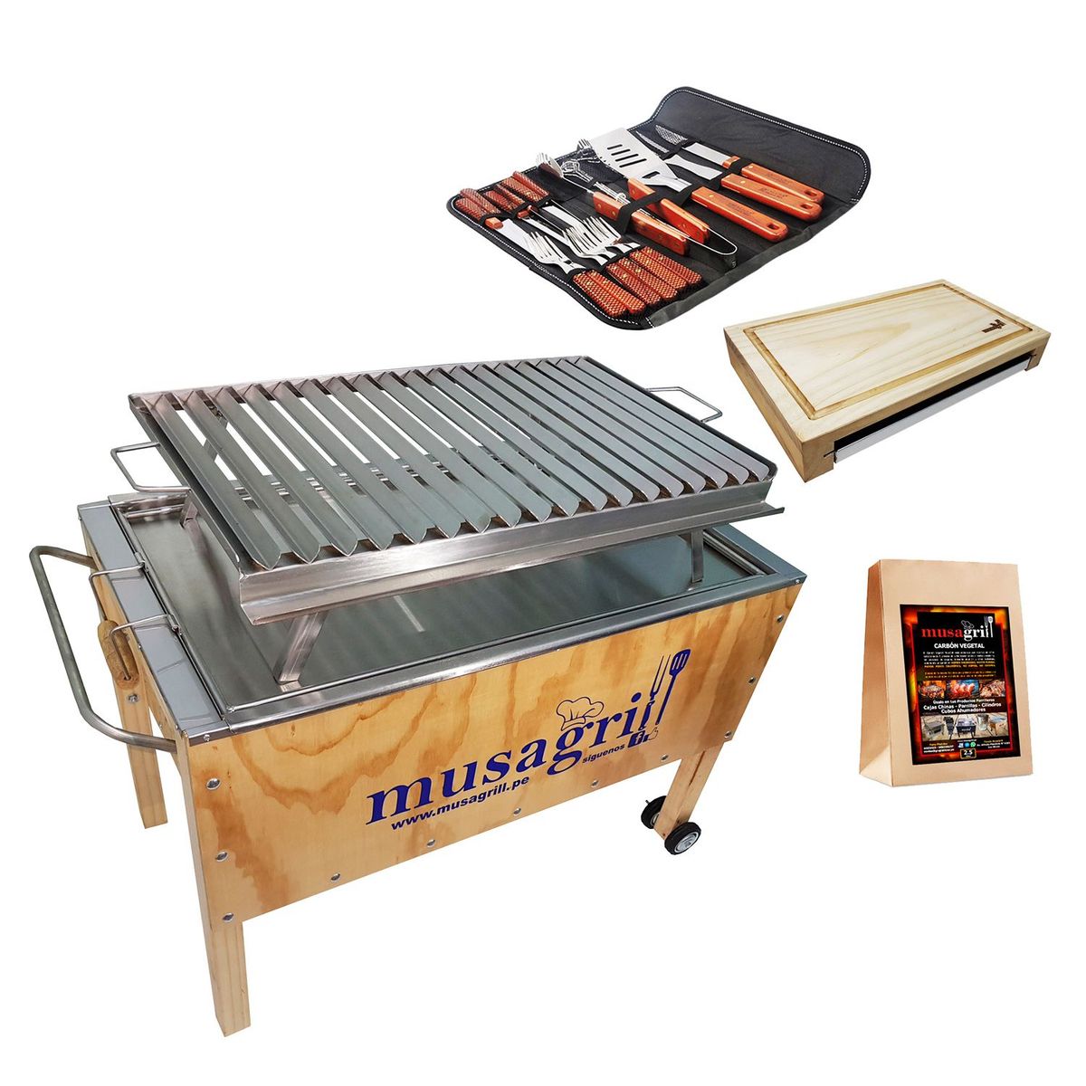 MUSAGRILL - Caja China Grande Quirúrgica + Parrilla de Ángulos Quirúrgico + Maletín de 22 Pzs + Tabla de Picar + Carbón Vegetal
