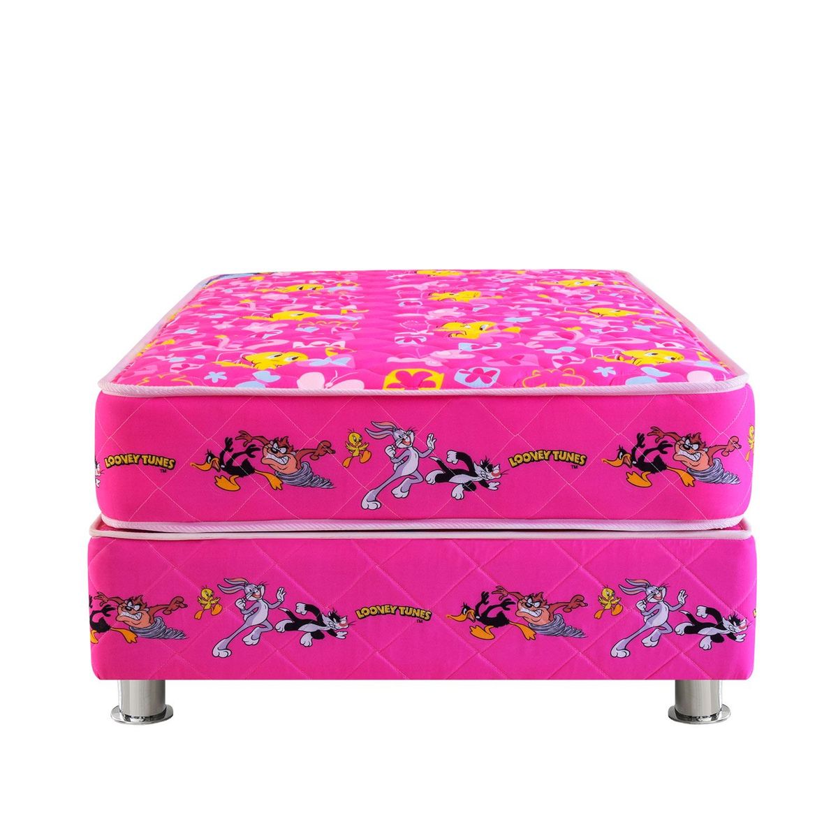 FORLI - Cama Box Tarima Looney Tunes Rosado 1.5 Plz + 1 Almohada + Protector