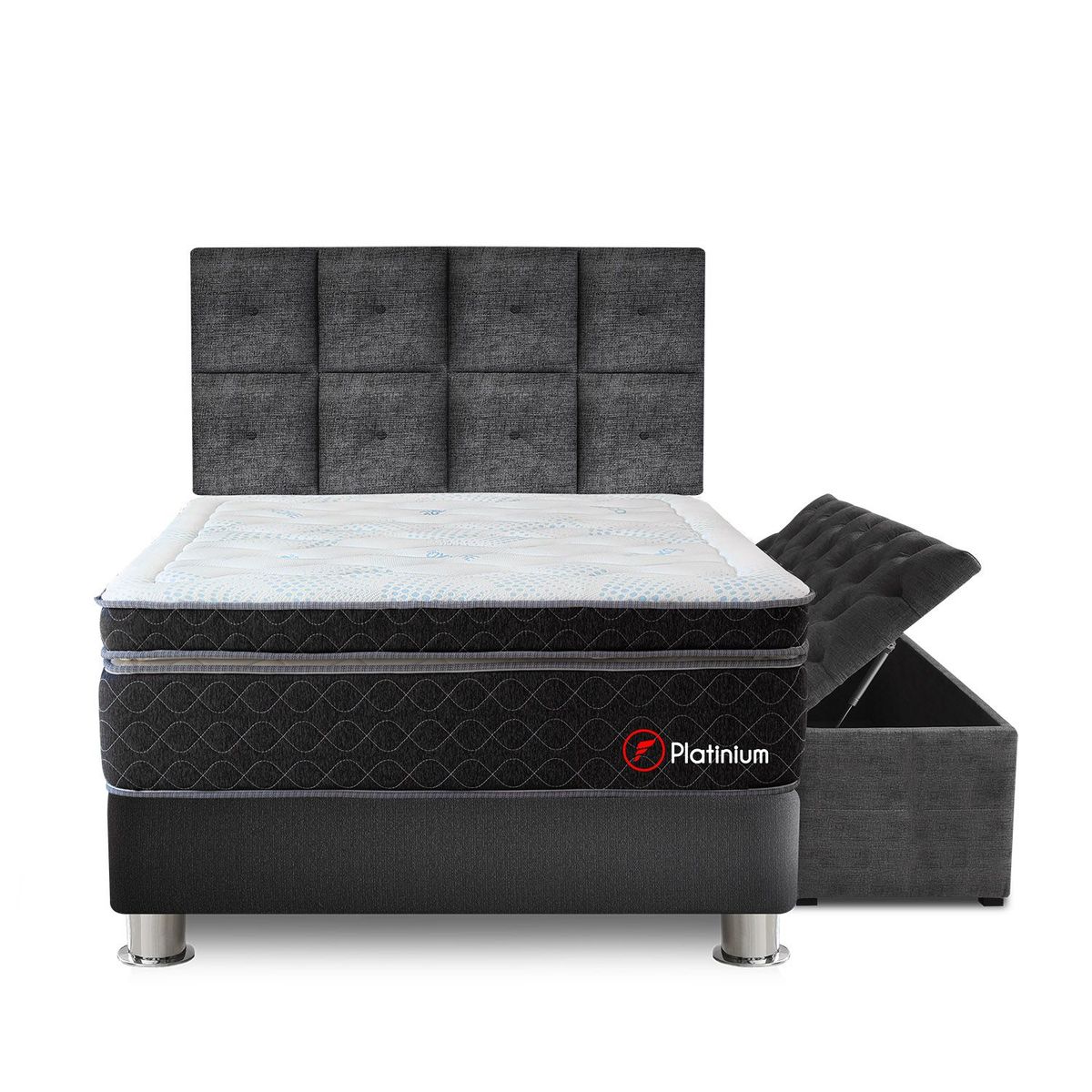 FORLI - Dormitorio Platinium Tapizado 2 Plz + Baúl + 2 Almohadas Viscoelásticas + Protector
