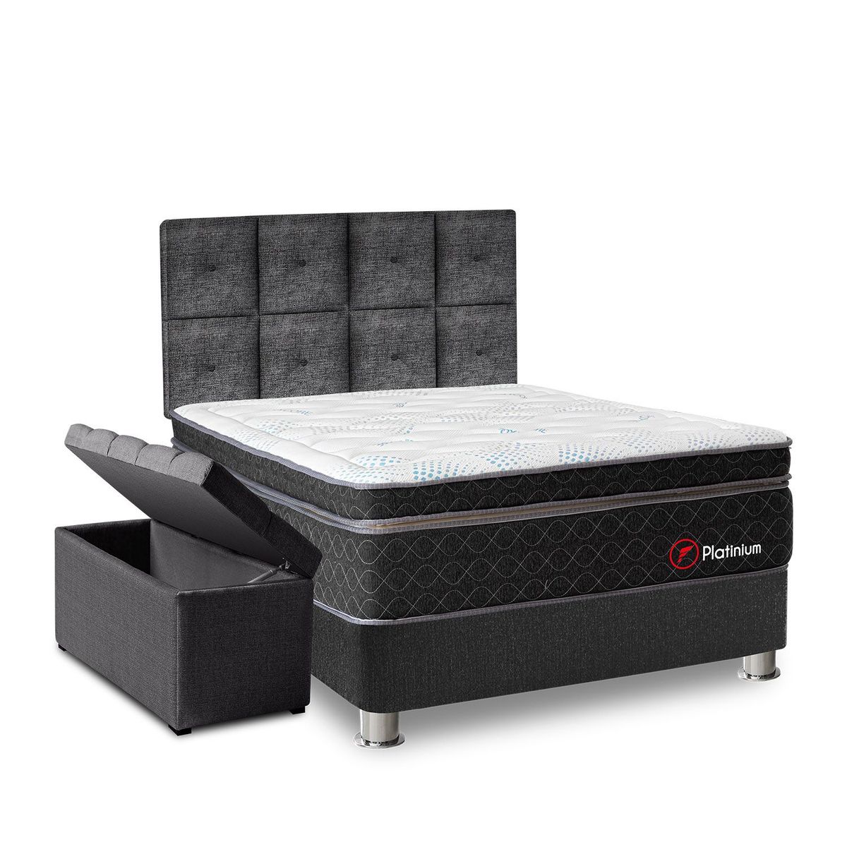 FORLI - Dormitorio Platinium Tapizado 2 Plz + Baúl + 2 Almohadas Viscoelásticas + Protector