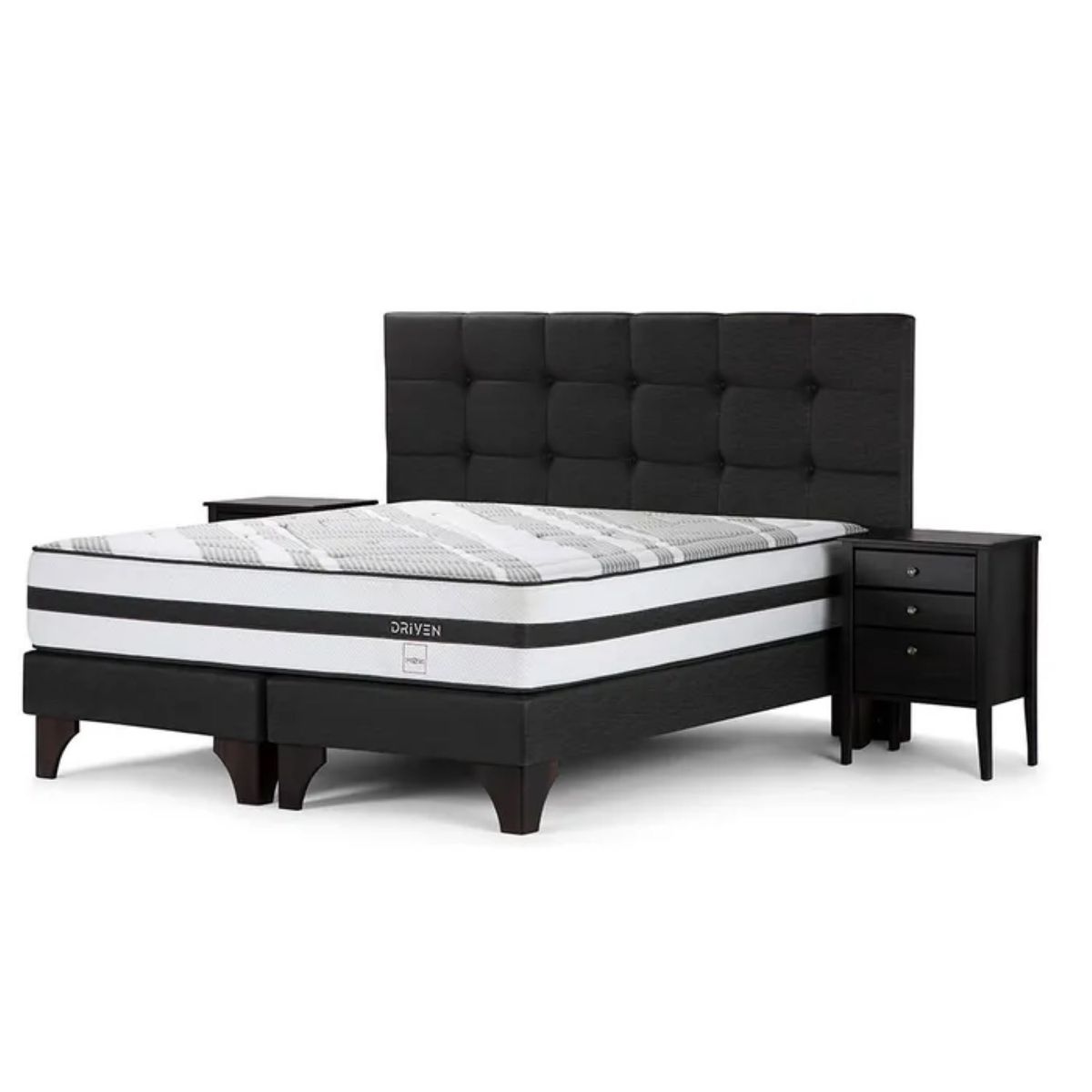 ROSEN - Dormitorio Europeo Driven Issey Grafito Queen + 2 Veladores + 2 Almohadas Memory Max