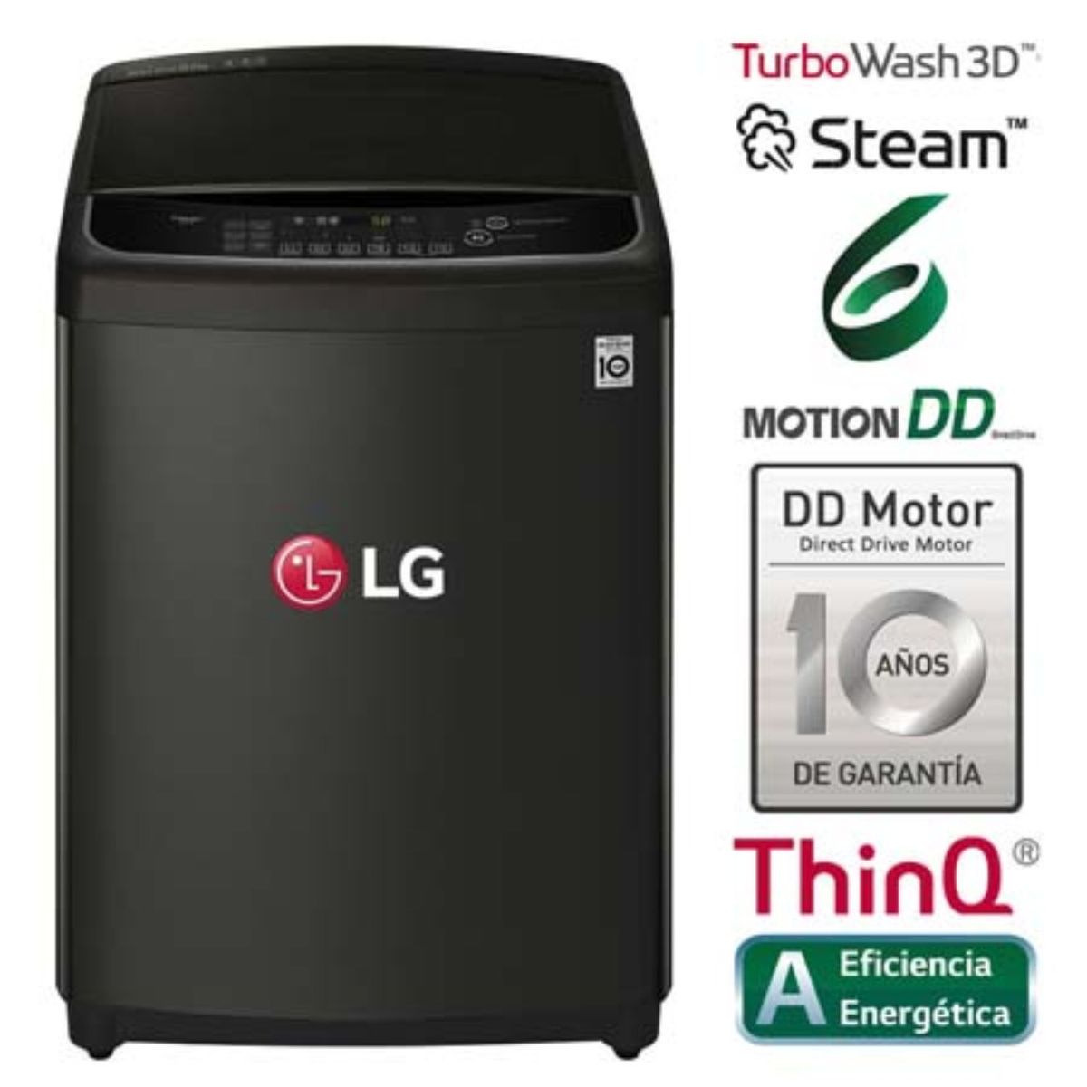 LG - Lavadora 19 Kg LG Carga Superior TurboWash 3D con Steam Lavado a Vapor WT19BSS6H Negro Platino