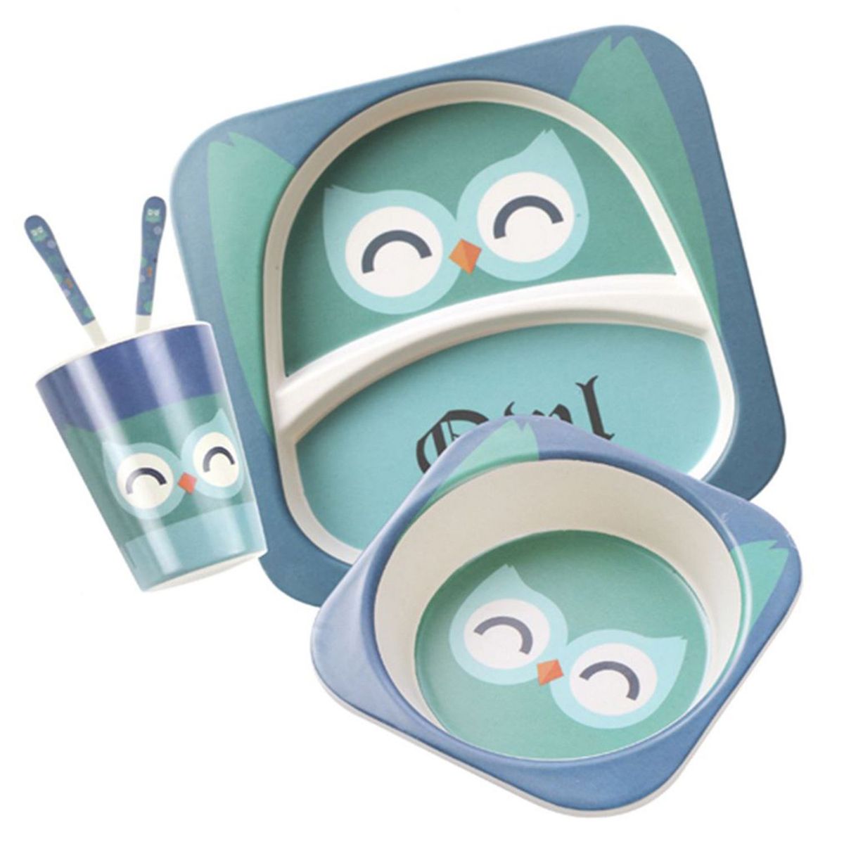 BABY FEES - Set Vajillas De Bambú Buho Azul