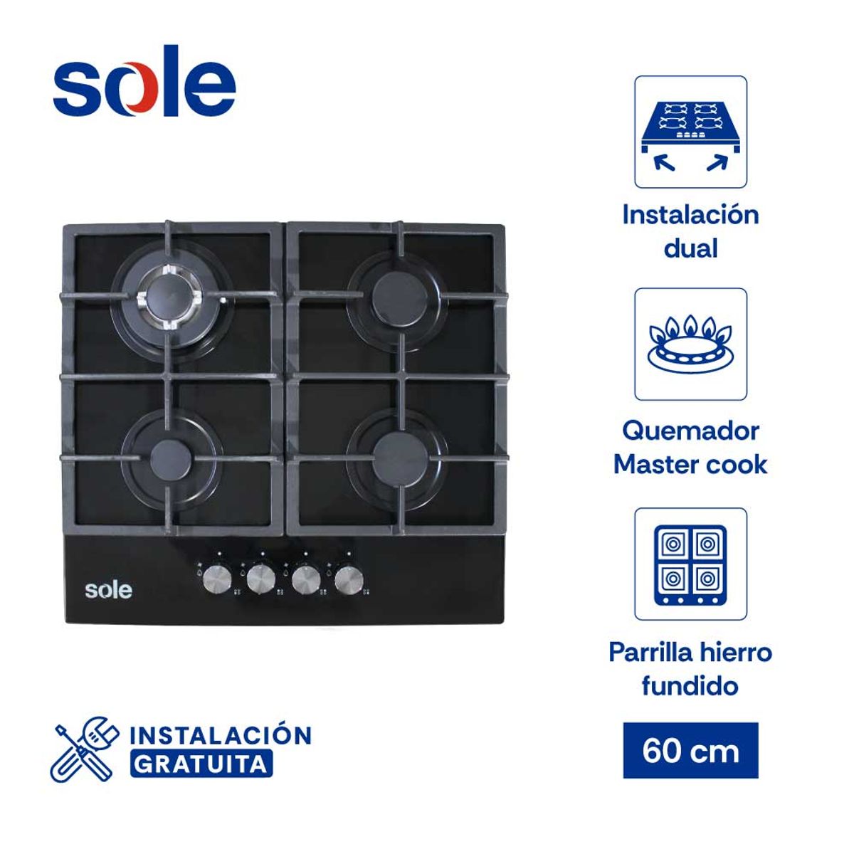SOLE - Encimera Sole Vidrio Templado 60 Cm 4 Hornillas