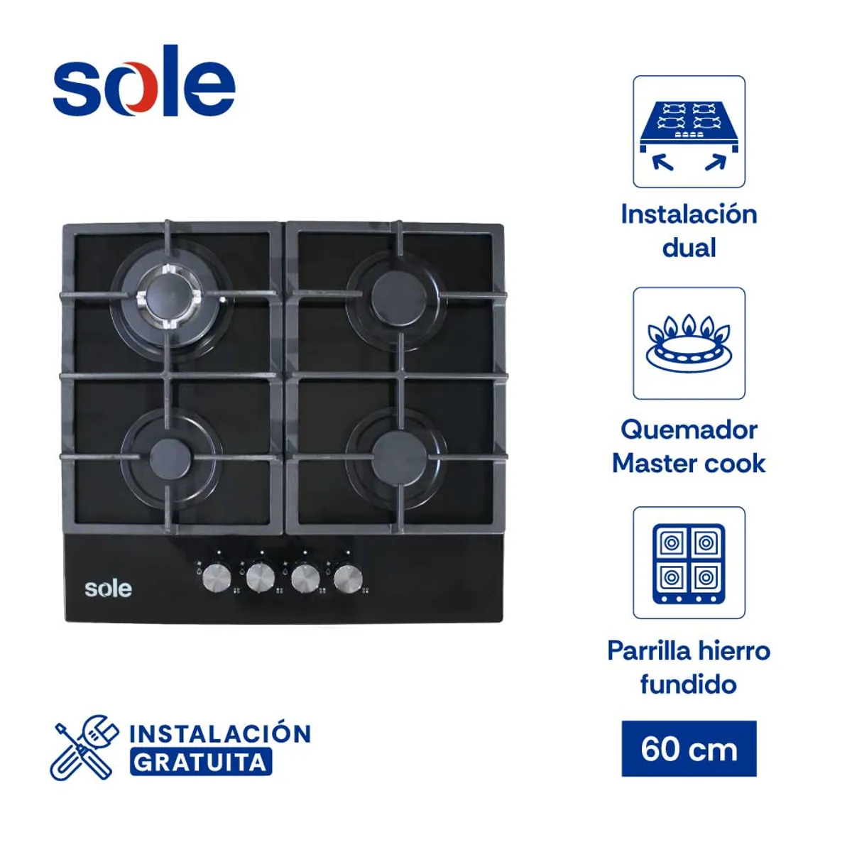 SOLE - Encimera Sole Vidrio Templado 60 Cm 4 Hornillas