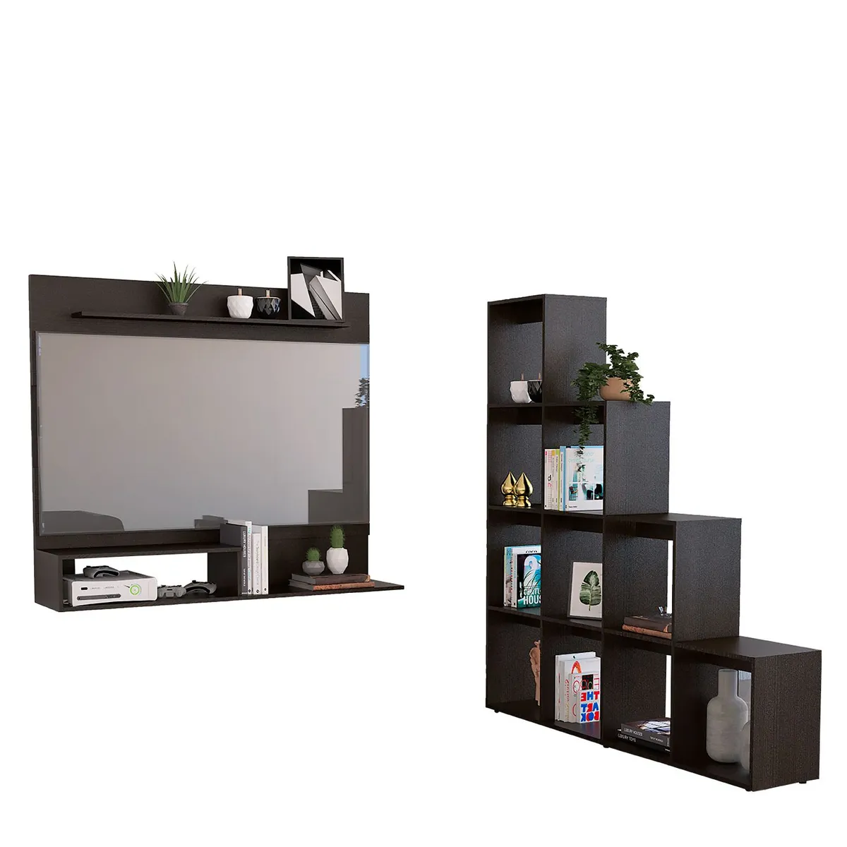 TUHOME - Panel de TV 55" + Biblioteca Escalera