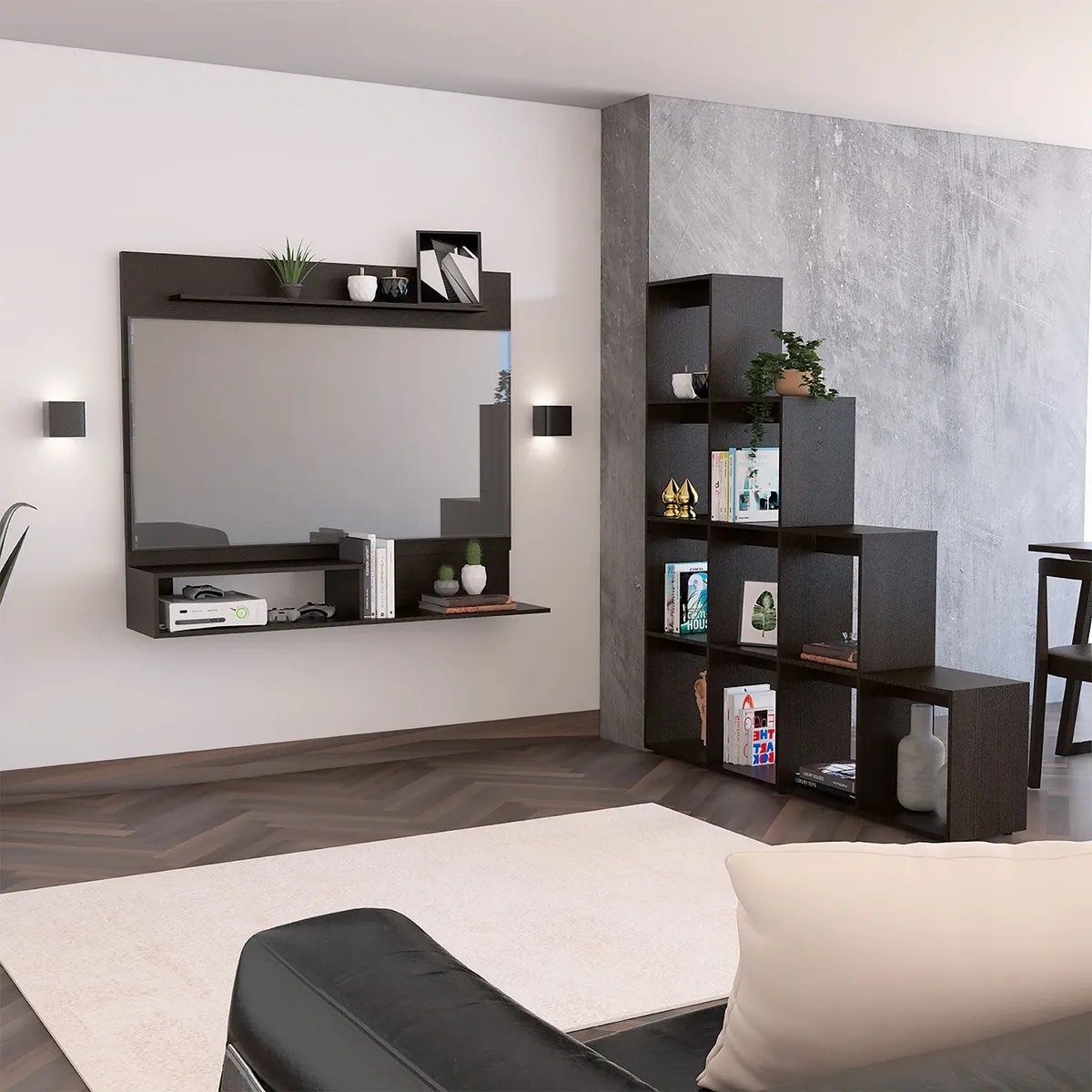 TUHOME - Panel de TV 55" + Biblioteca Escalera