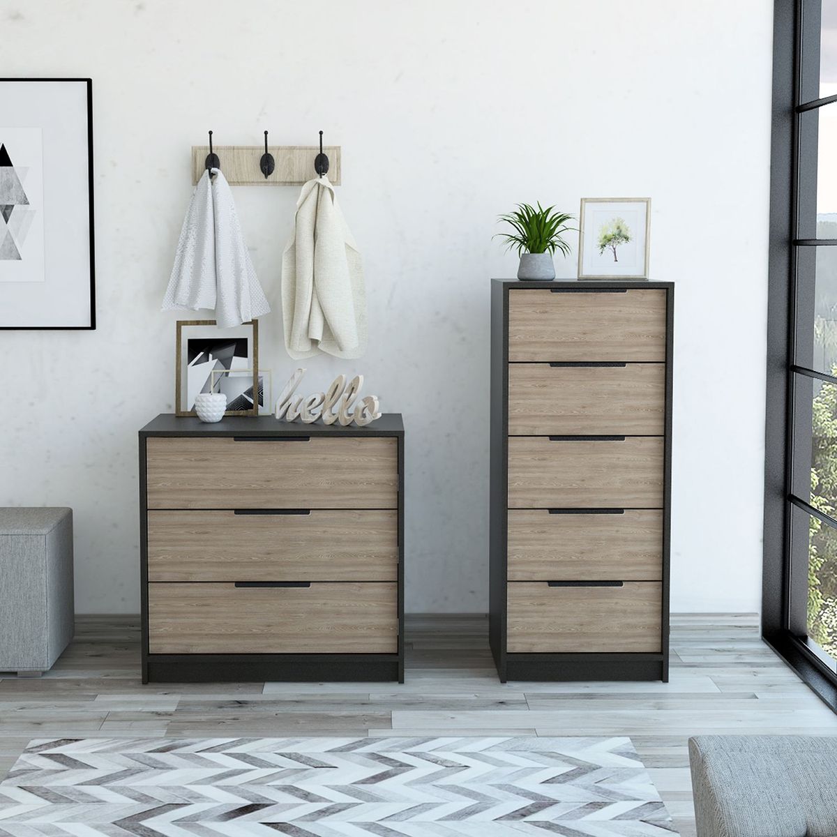 TUHOME - Combo Kaia: Cómoda 5 Cajones + Cómoda 3 Cajones