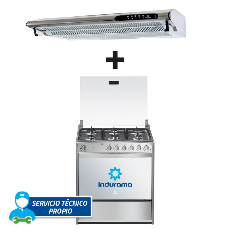 INDURAMA - COMBO: Cocina a Gas 6 Hornillas Parma
 + Campana Extractora 3 Velocidades CEI902CRP Silver