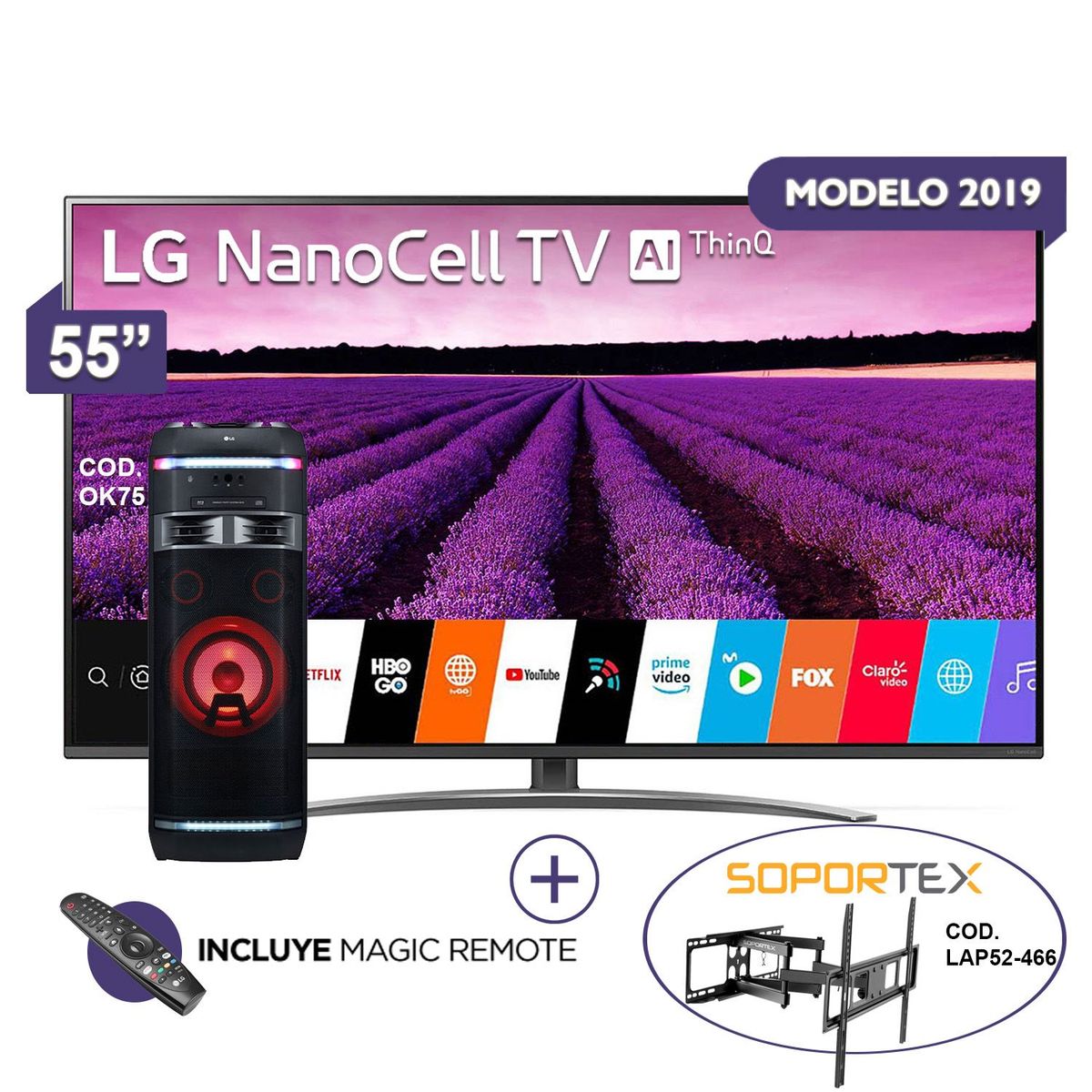 LG - Smart TV NANOCELL 55SM8100 + Rack LAP52-466 + Equipo OK75 1000W