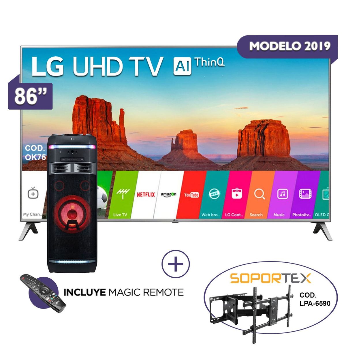 LG - Smart TV UHD 86UK6570 + Rack LPA-6590 + Equipo OK75 1000W