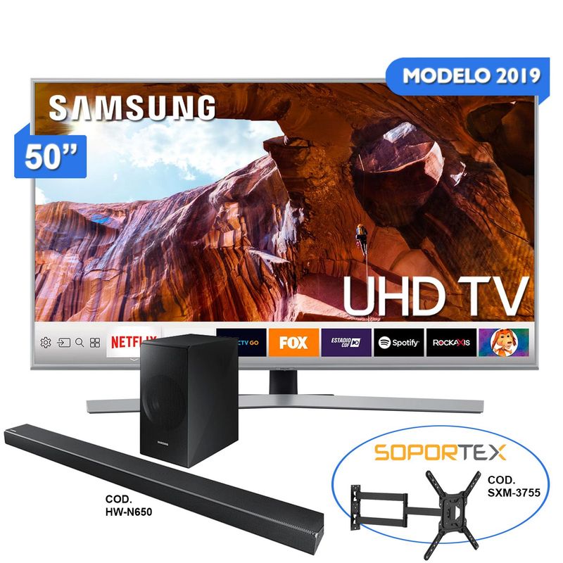 SAMSUNG - Smart TV UHD 50RU7400 + Sound Bar con Subwoofer + Rack SXM-3755