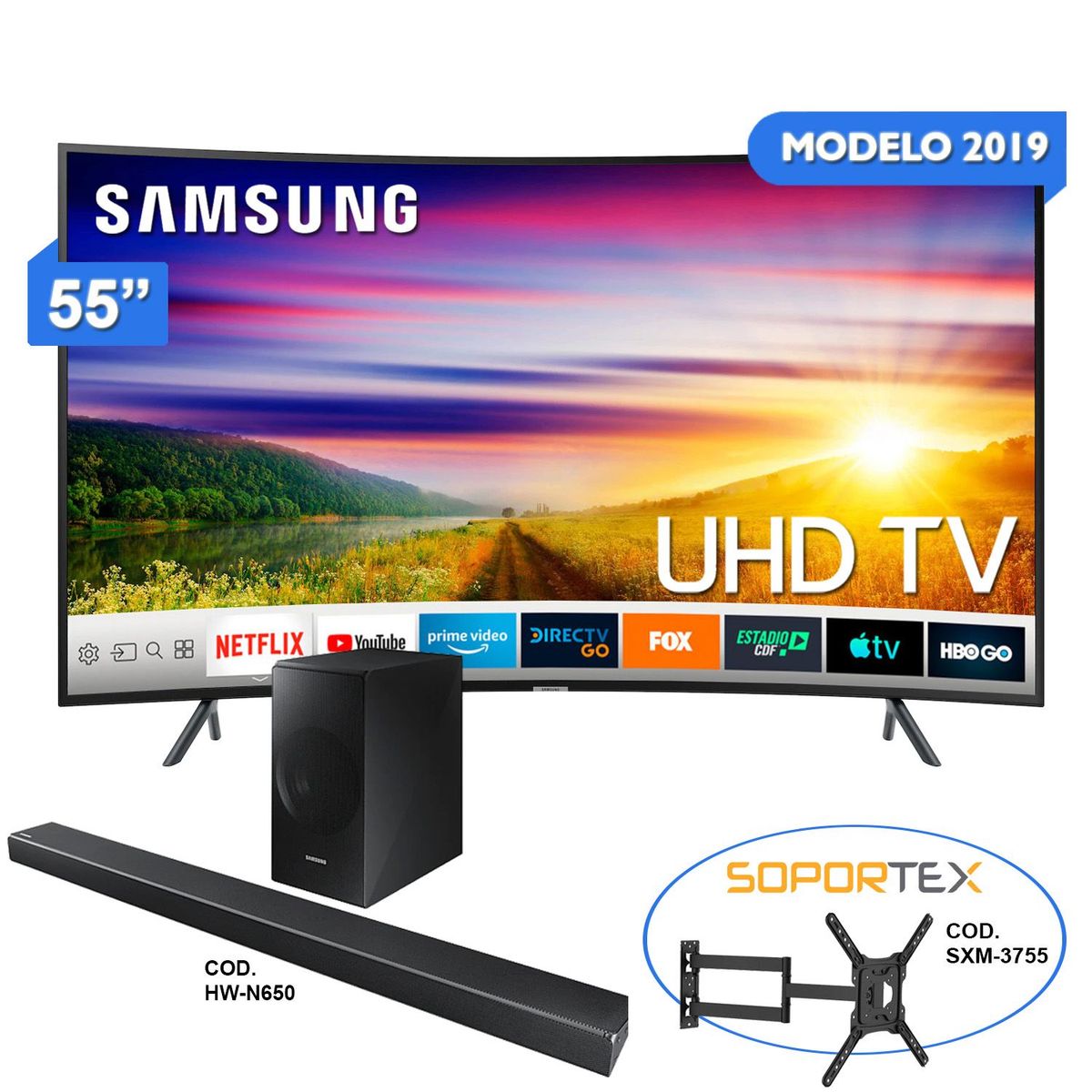 SAMSUNG - Smart TV UHD 55RU7305 + Sound Bar con Subwoofer + Rack SXM-3755