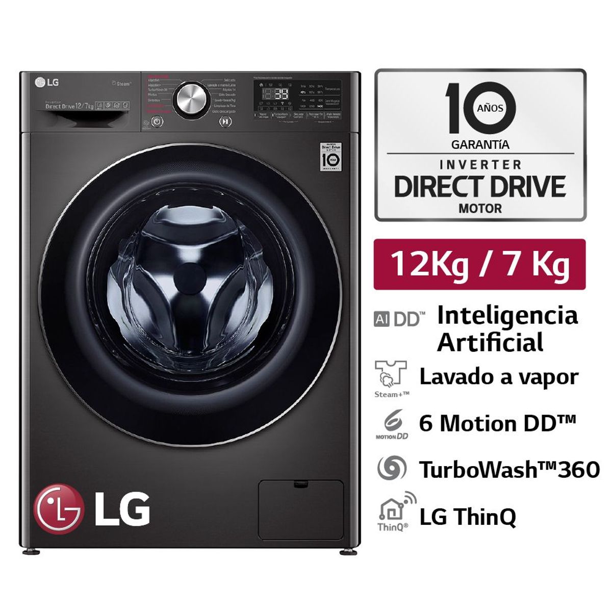 LG - Lavaseca WD12BVC2S6C 12/7Kg AI DD Carga Frontal Negro Acero LG